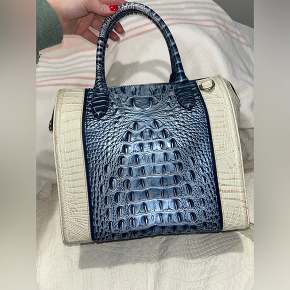 Brahmin Blue and Cream Croc-Embossed Satchel